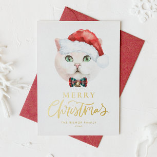 Waterverf White British Shorthair Cat Kerstmis Folie Feestdagenkaart