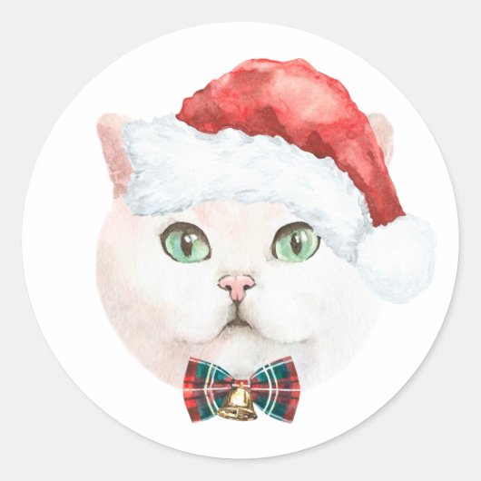 Waterverf White British Shorthair Cat Kerstmis Ronde Sticker (Voorkant)