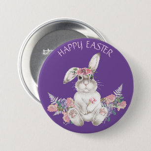 Waterverf White Bunny - Floral Happy Easter Ronde Button 7,6 Cm