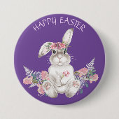 Waterverf White Bunny - Floral Happy Easter Ronde Button 7,6 Cm (Voorkant)