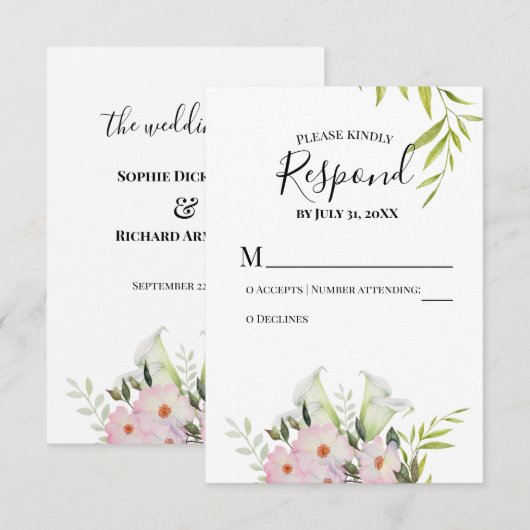 Waterverf White Calla Lilies Wedding RSVP-kaart RSVP Kaartje (Voorkant / Achterkant)