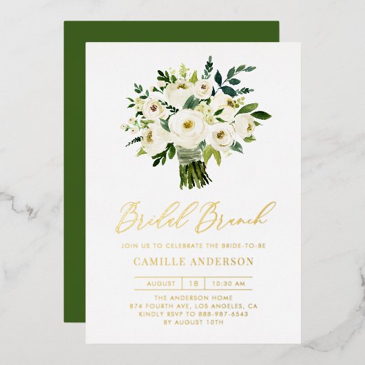 Waterverf White Floral Bouquet Bridal Brunch Folie Uitnodiging (Voorkant / Achterkant)