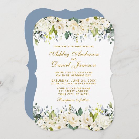 Waterverf White Floral Dusty Blue Elegant Wedding Kaart (Voorkant / Achterkant)