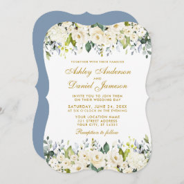 Waterverf White Floral Dusty Blue Elegant Wedding Kaart