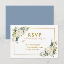 Waterverf White Floral Dusty Blue Gold RSVP Kaartje