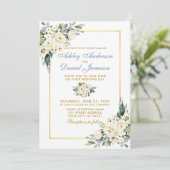 Waterverf White Floral Dusty Blue Gold Wedding Kaart (Staand voorkant)