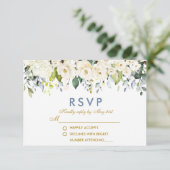 Waterverf White Floral Dusty Blue Gold Wedding RSVP Kaartje (Staand voorkant)