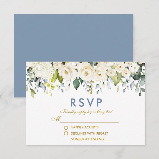 Waterverf White Floral Dusty Blue Gold Wedding RSVP Kaartje (Voorkant / Achterkant)