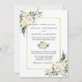 Waterverf White Floral Dusty Blue Photo Wedding Kaart (Voorkant)