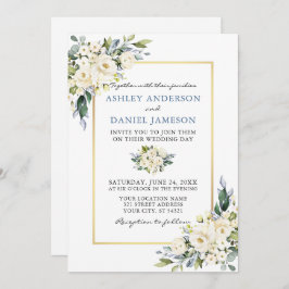 Waterverf White Floral Dusty Blue Photo Wedding Kaart