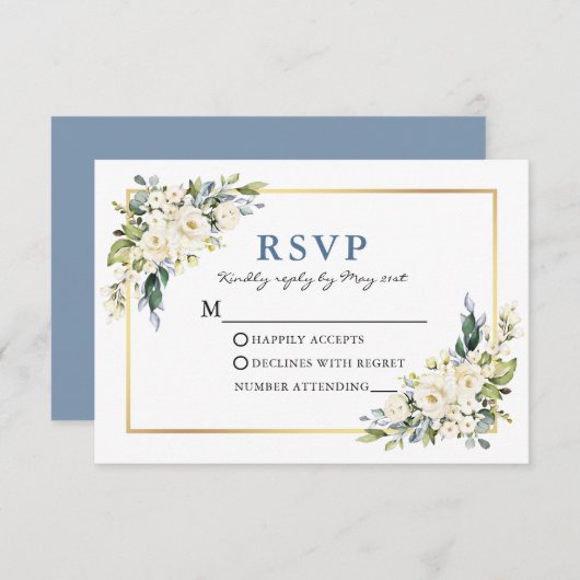 Waterverf White Floral Dusty Blue RSVP Kaartje (Voorkant / Achterkant)