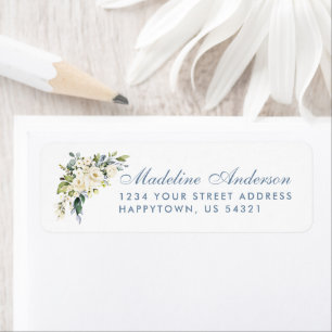 Waterverf White Floral Dusty Blue Wedding Etiket