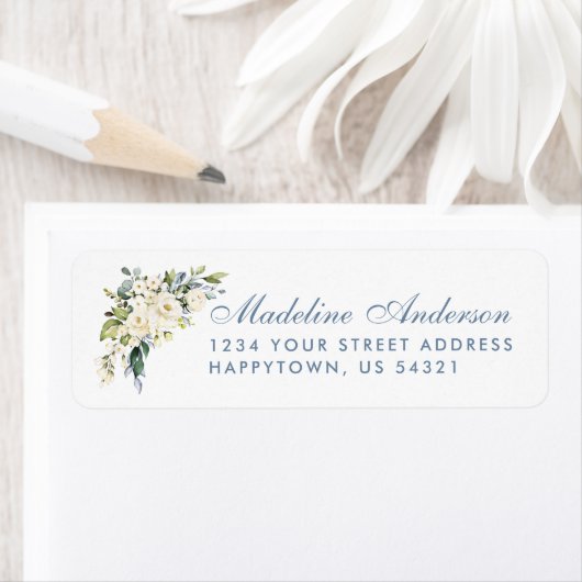 Waterverf White Floral Dusty Blue Wedding Etiket (Insitu)