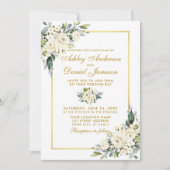 Waterverf White Floral Dusty Blue Wedding Gold Kaart (Voorkant)