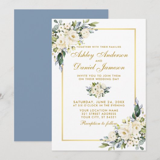 Waterverf White Floral Dusty Blue Wedding Gold Kaart (Voorkant / Achterkant)