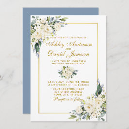 Waterverf White Floral Dusty Blue Wedding Gold Kaart