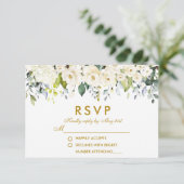 Waterverf White Floral Dusty Blue Wedding Gold RSVP Kaartje (Staand voorkant)