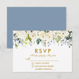 Waterverf White Floral Dusty Blue Wedding Gold RSVP Kaartje