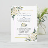 Waterverf White Floral Dusty Blue Wedding Kaart (Staand voorkant)