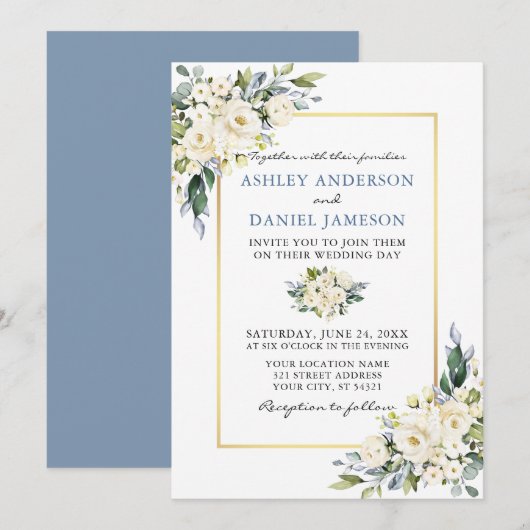 Waterverf White Floral Dusty Blue Wedding Kaart (Voorkant / Achterkant)