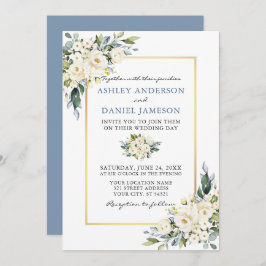 Waterverf White Floral Dusty Blue Wedding Kaart