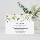 Waterverf White Floral Dusty Blue Wedding RSVP Kaartje (Staand voorkant)