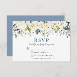 Waterverf White Floral Dusty Blue Wedding RSVP Kaartje