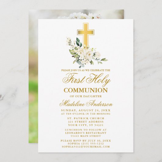 Waterverf White Floral Foto eerste mededeling Kaart (Voorkant / Achterkant)