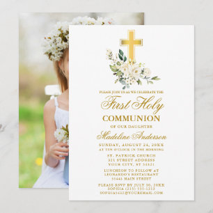 Waterverf White Floral Foto eerste mededeling Kaart