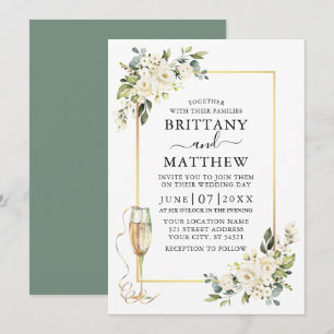 Waterverf White Floral Glass Wedding Sage Green Kaart