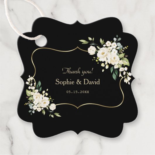 Waterverf White Floral Gold Black Wedding Bedankjes Labels (Voorkant)
