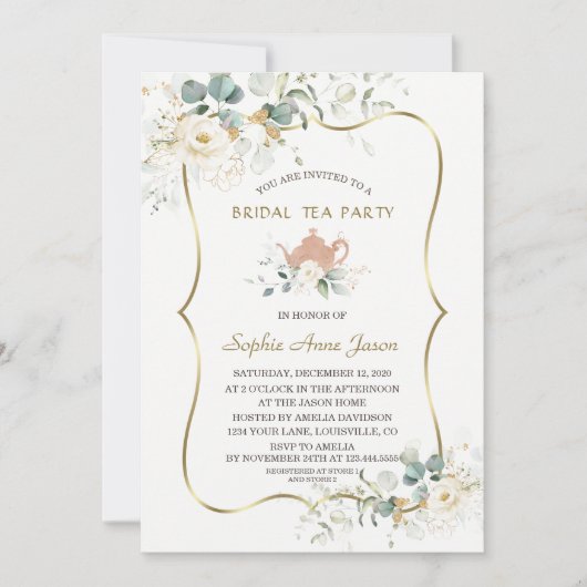 Waterverf White Floral Gold Bridal Tea Party Kaart (Voorkant)