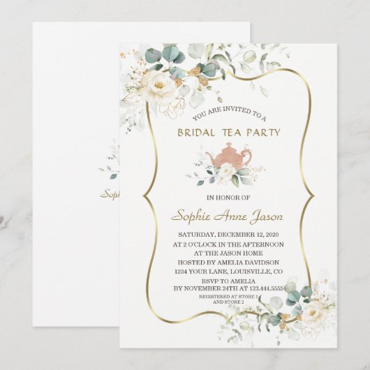 Waterverf White Floral Gold Bridal Tea Party Kaart (Voorkant / Achterkant)