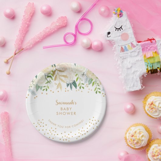 Waterverf White Floral + Gold confetti Papieren Bordje (Feest)