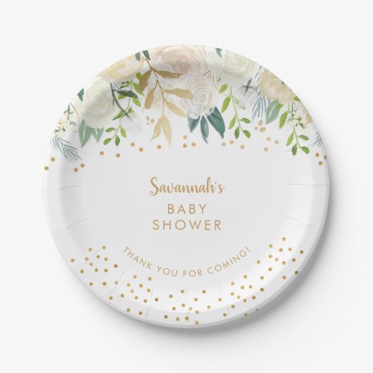 Waterverf White Floral + Gold confetti Papieren Bordje (Voorkant)