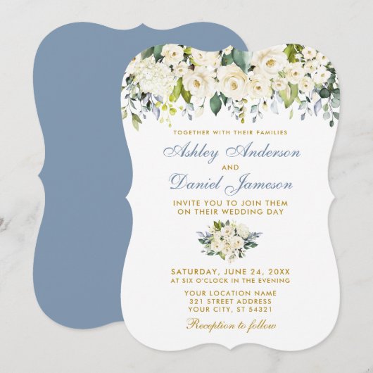 Waterverf White Floral Gold Dusty Blue Wedding Kaart (Voorkant / Achterkant)