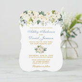 Waterverf White Floral Gold Dusty Blue Wedding Kaart (Staand voorkant)