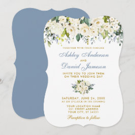 Waterverf White Floral Gold Dusty Blue Wedding Kaart
