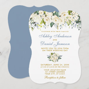 Waterverf White Floral Gold Dusty Blue Wedding Kaart