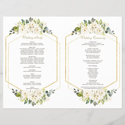 Waterverf White Floral Gold Lijst Wedding Program Flyer (Achterkant)