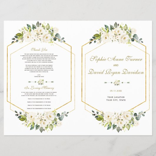 Waterverf White Floral Gold Lijst Wedding Program Flyer (Voorkant)