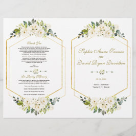 Waterverf White Floral Gold Lijst Wedding Program Flyer