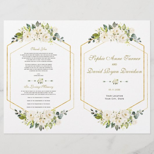 Waterverf White Floral Gold Lijst Wedding Program Flyer (Voorkant)