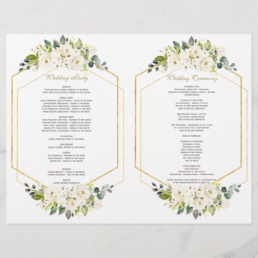 Waterverf White Floral Gold Lijst Wedding Program Flyer (Achterkant)