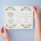Waterverf White Floral Gold Lijst Wedding Program Flyer (Hand)