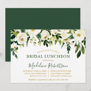 Waterverf White Floral Green Gold Bridal Lunch Kaart