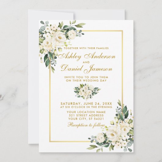 Waterverf White Floral Green Gold Photo Wedding Kaart (Voorkant)