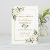 Waterverf White Floral Green Gold Photo Wedding Kaart (Staand voorkant)