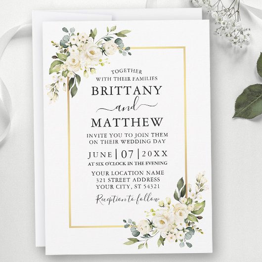Waterverf White Floral Greenery Gold Wedding Kaart