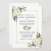 Waterverf White Floral Greenery Gold Wedding Kaart (Voorkant / Achterkant)